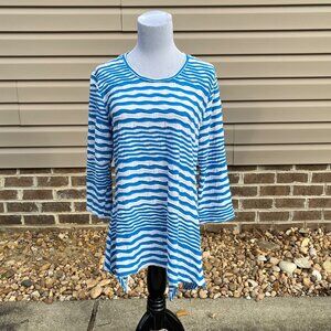 Lulu B Blue &‎ White Striped Textured Womens Shark Bite Tunic Top Medium